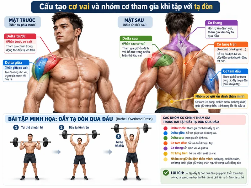 Cấu tạo cơ vai và nhóm cơ tham gia khi tập với tạ đòn