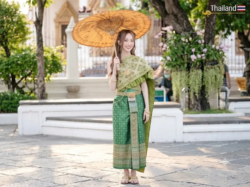 Chut Thai Chit Lada trang nhã với áo dài tay dành cho nghi lễ ban ngày