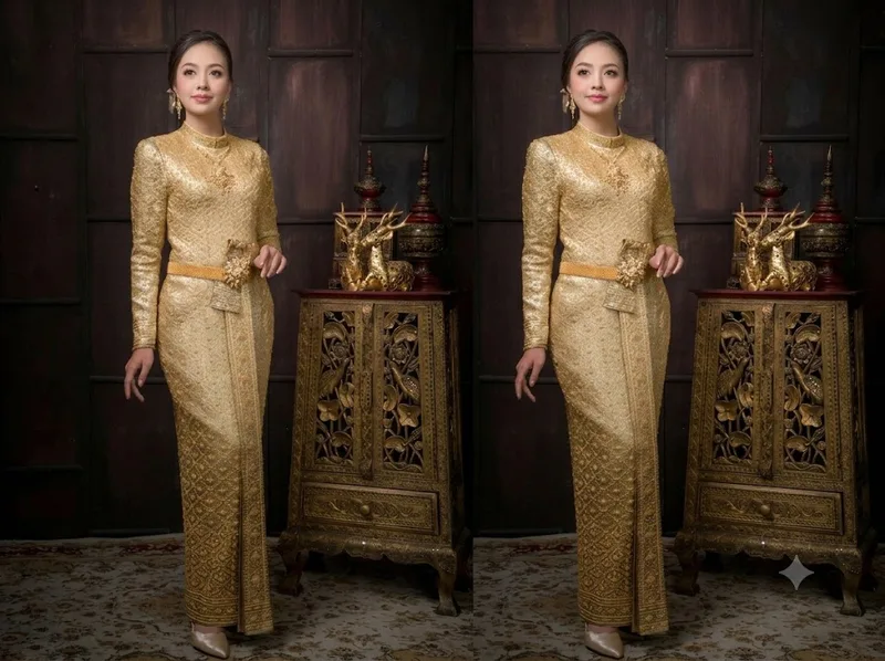 Chut Thai Boromphiman nổi bật với áo cổ đứng và váy dài liền thân