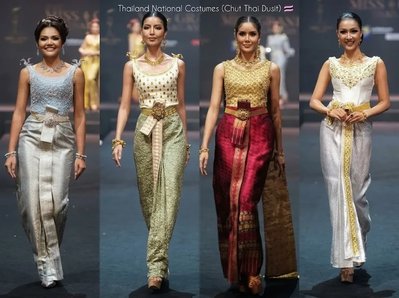 Chut Thai Dusit lộng lẫy với áo không tay và họa tiết trang trí